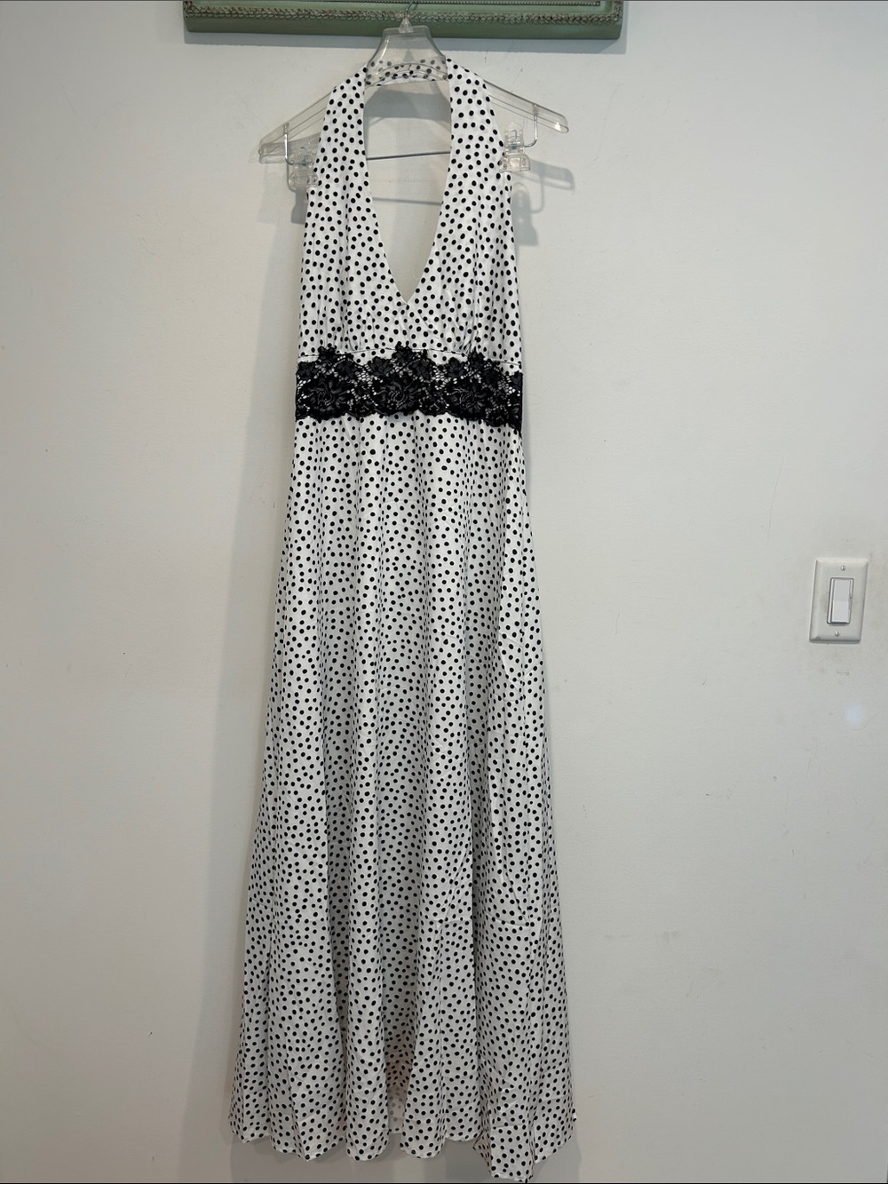 Polka Dot Halter Maxi Dress with Black Lace Waist women’s large new without tag